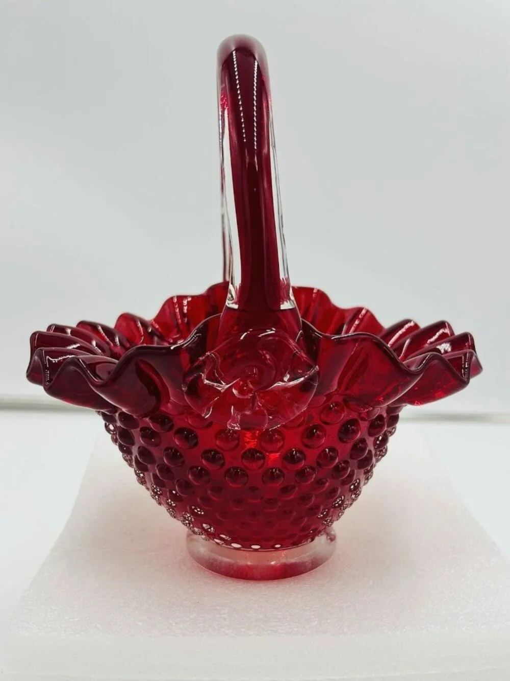 Vintage Fenton Ruby Red Hobnail Glass Basket 7.5